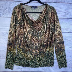 Vintage Jones New York Blouse‎ Size L Cowl Neck Draped Front Demask Print